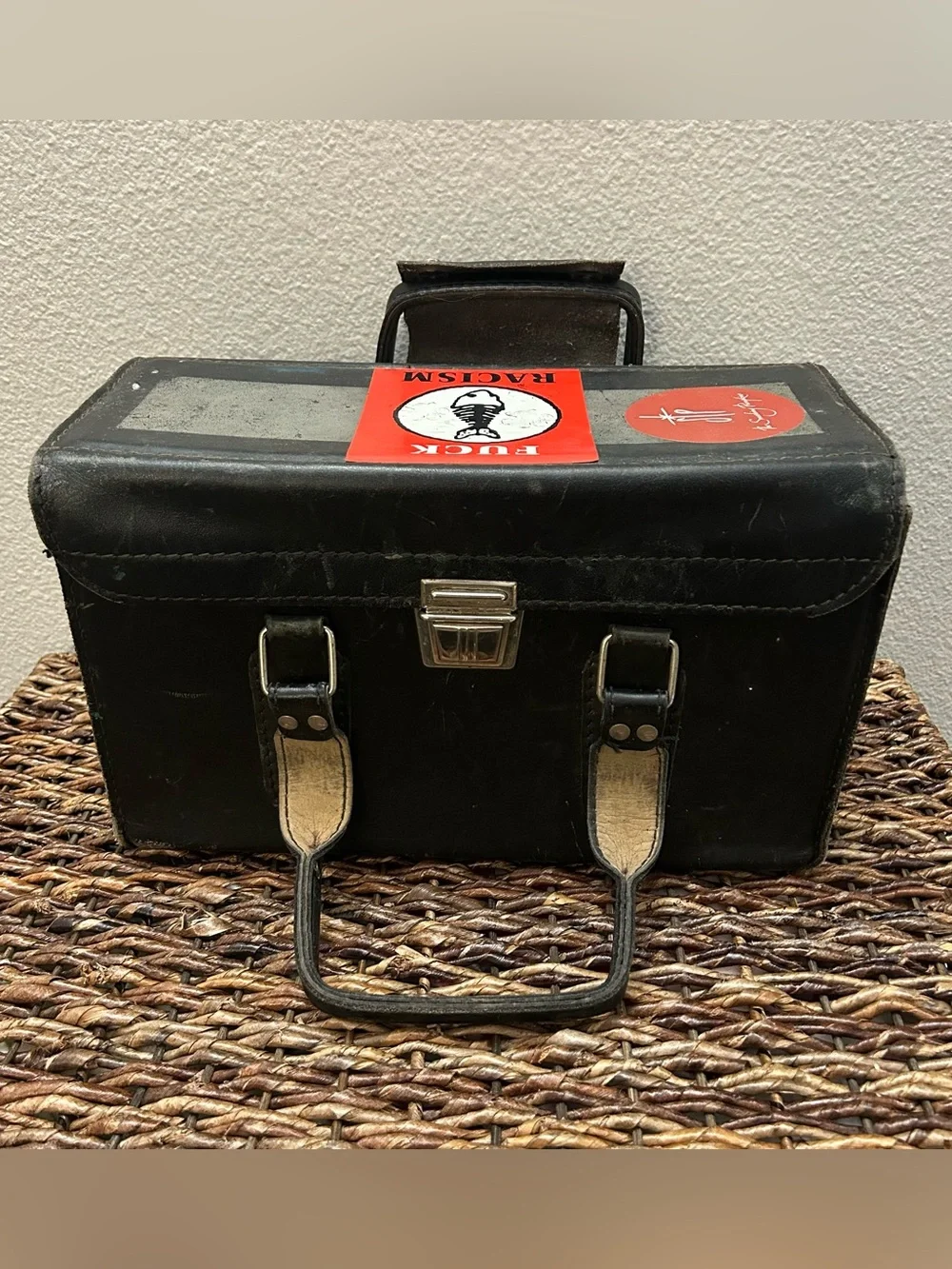 Vintage 70s Custom Camera Bag With Vintage Band Stickers Red Fabric Inside 13x6